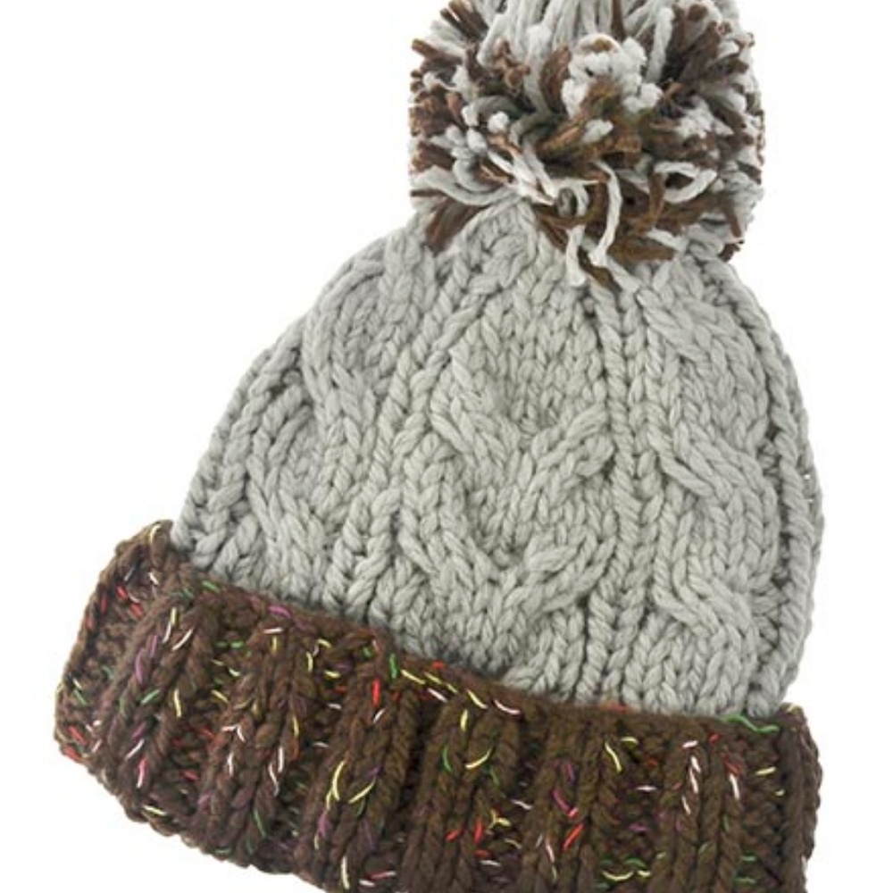 Brown & Grey Cable Knit Crochet Pom Pom Beanie Cap